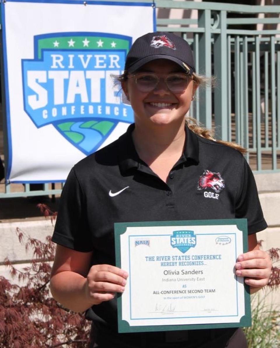 Olivia Sanders displays the second team All-Conference plaque she earned while helping IU East to its first-ever River States Conference championship.