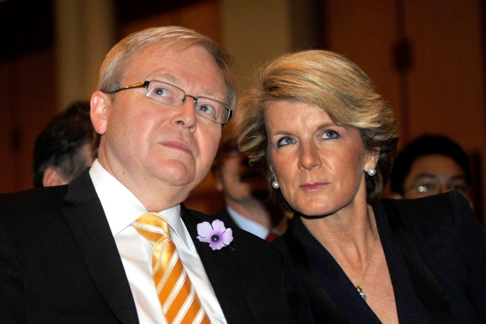 Ms Bishop with former prime minister Kevin Rudd in 2011. Source: AAP