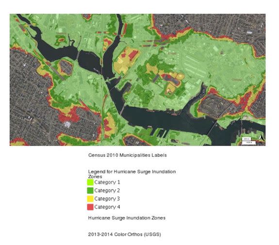 Storm surge inundation zone map, zoomed into the Everett, Mass. area.