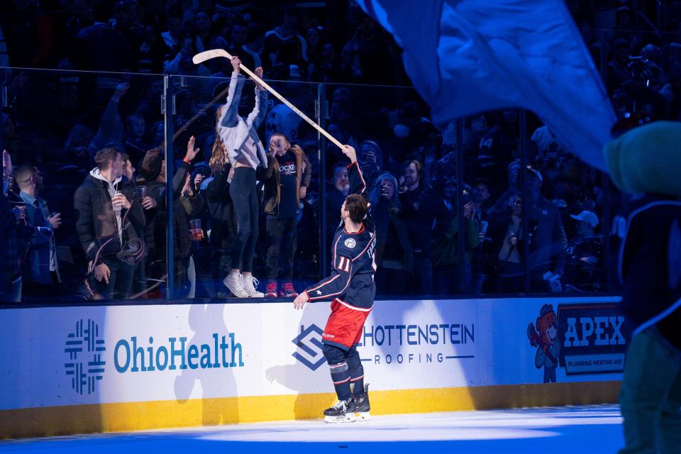 Dec 29, 2023; Columbus, Ohio, USA;
Columbus Blue Jackets center Adam Fantilli (11) passes a stick to a fan after their win against the Toronto Maple Leafs on Friday, Dec. 29, 2023 at Nationwide Arena 6-5.