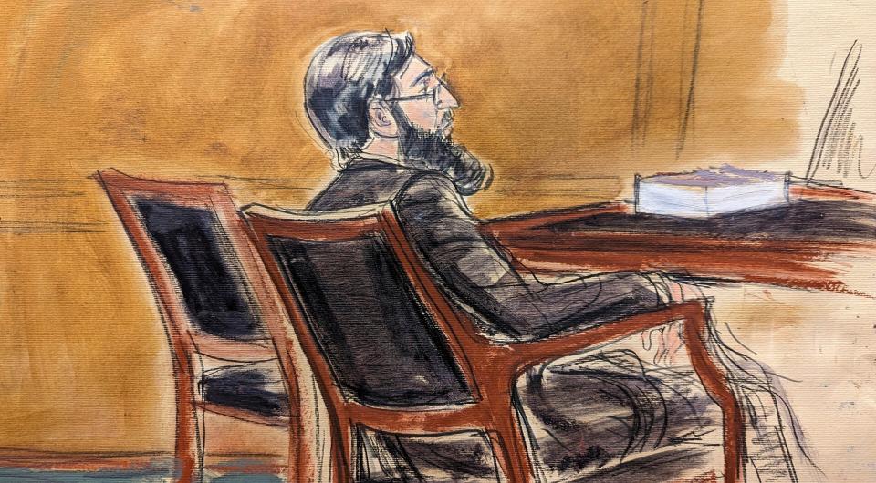 In this courtroom sketch, in federal court in New York, Thursday, Jan. 26, 2023, Sayfullo Saipov sits in court during jury deliberations (AP Photo/Elizabeth Williams)