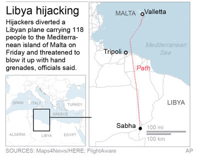 Hijackers diverted a Libyan plane carrying 118 people.