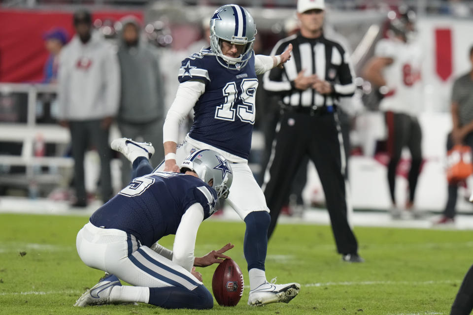 Dallas Cowboys place kicker Brett Maher (19) misses an extra point against the Tampa Bay Buccaneers during the second half of an NFL wild-card football game, Monday, Jan. 16, 2023, in Tampa, Fla. Maher missed his fourth attempt at an extra point. (AP Photo/Chris O'Meara)