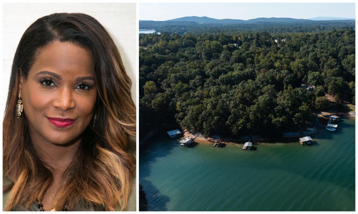 Composite image Tameka Foster (L), Lake Lanier in Georgia (R).