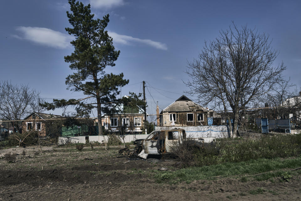 A general view of Bakhmut, the site of heavy battles with Russian troops in the Donetsk region, Ukraine, Sunday, April 9, 2023. (AP Photo/Libkos)