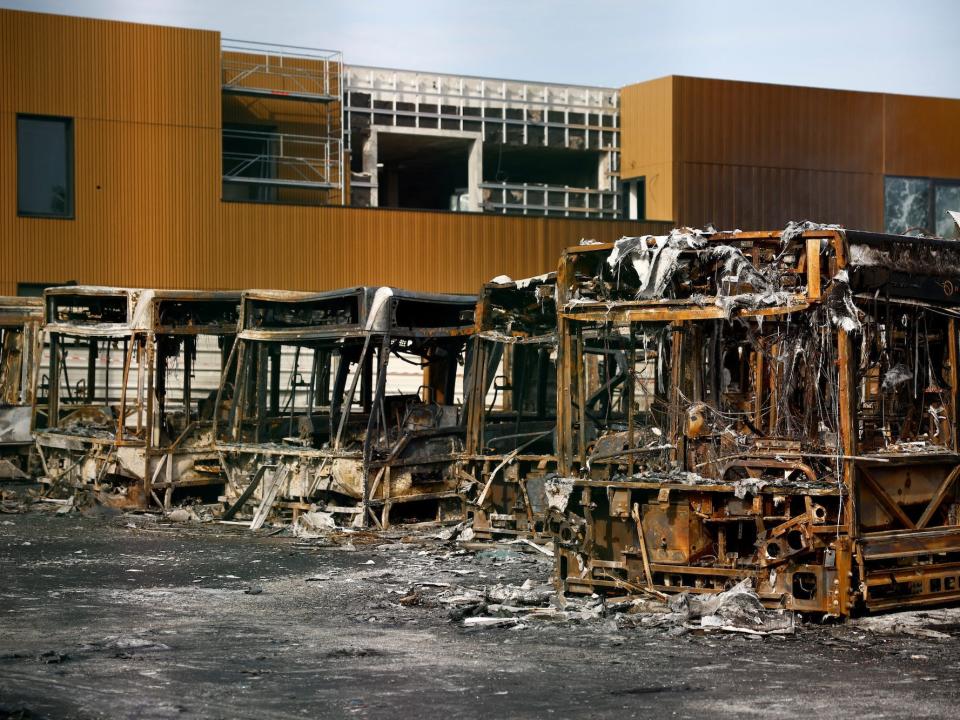 View of burnt buses at a RATP bus depot damaged during night clashes between protesters and police, following the death of Nahel, a 17-year-old teenager killed by a French police officer in Nanterre during a traffic stop, in Aubervilliers, near Paris, France, June 30, 2023.