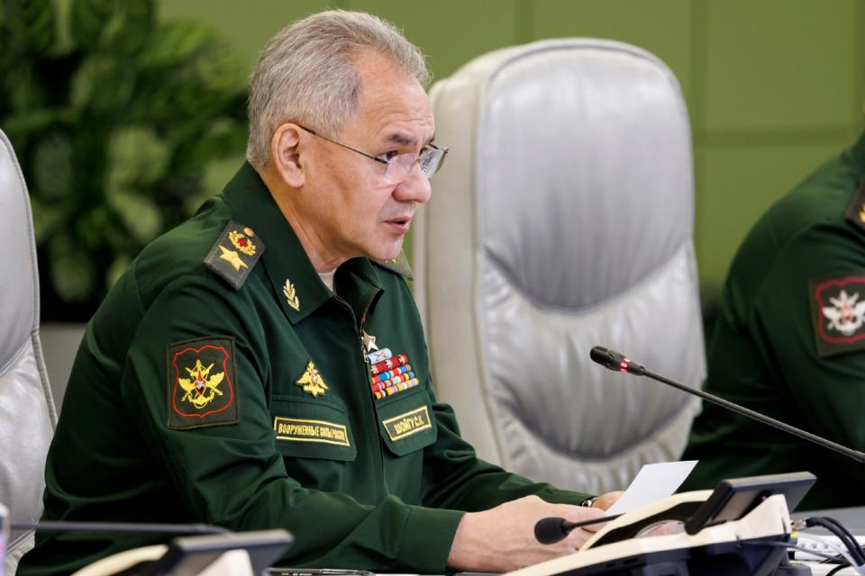 In this photo released by the Russian Defense Ministry Press Service on Tuesday, April 2, 2024, Russian Defense Minister Sergei Shoigu leads a meeting with the leadership of the Armed Forces at the National Defense Control Center in Moscow, Russia.