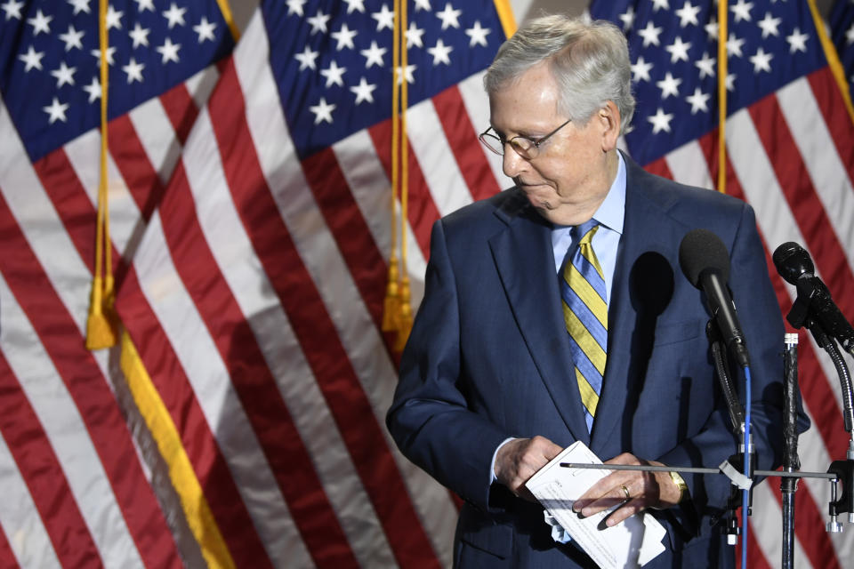 Senate Majority Leader Mitch McConnell of Ky., steps away from the microphone as he speak to reporters following the weekly Republican policy luncheon on Capitol Hill in Washington, Tuesday, June 9, 2020. (AP Photo/Susan Walsh)
