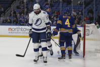 Tampa Bay Lightning left wing Alex Killorn (17) celebrates after scoring a goal during the first period of an NHL hockey game against the Buffalo Sabres, Monday, Oct. 25, 2021, in Buffalo, N.Y. (AP Photo/Joshua Bessex)