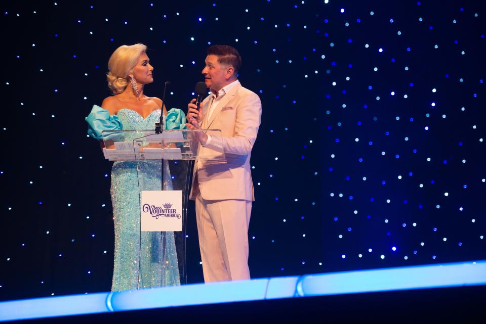 Hosts Allison Alderson DeMarcus and Jay DeMarcus gives thanks to sponsors during the opening day of the 2023 Miss Volunteer America Pageant inside Carl Perkins Center, Jackson, Tenn.  on Wednesday, Jun. 21, 2023.