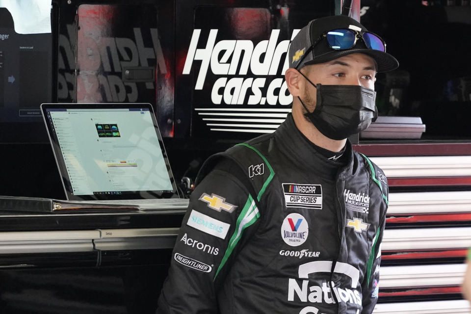 Kyle Larson in his garage during a NASCAR Daytona 500 auto race practice session at Daytona International Speedway, Wednesday, Feb. 10, 2021, in Daytona Beach, Fla. (AP Photo/John Raoux)