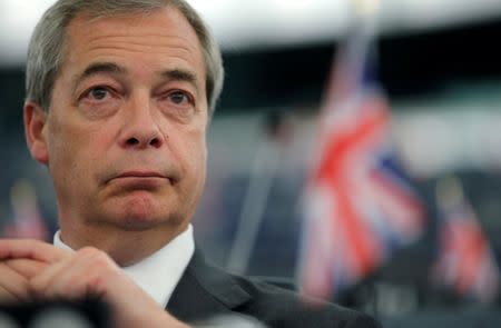 FILE PHOTO: Brexit campaigner and Member of the European Parliament Nigel Farage attends a debate on the guidelines on the framework of future EU-UK relations at the European Parliament in Strasbourg, France, March 13, 2018. REUTERS/Vincent Kessler/File Photo