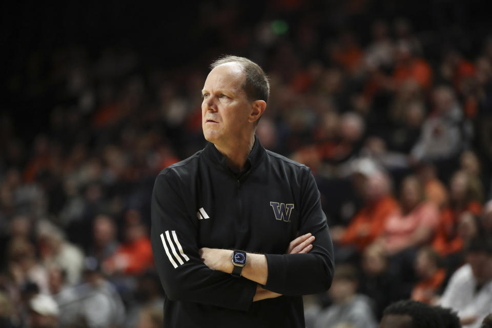 Washington head coach Mike Hopkins looks on during the first half of an NCAA college basketball game against Oregon State, Saturday, Feb. 10, 2024, in Corvallis, Ore. (AP Photo/Amanda Loman)