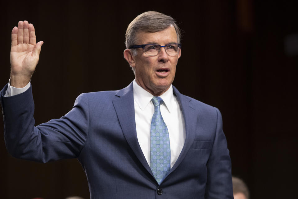 FILE - In this July 25, 2018, file photo, retired Vice Adm. Joseph Maguire and now current director of the National Counterterrorism Center, appears before the Senate Intelligence Committee on Capitol Hill in Washington. President Donald Trump has named Maguire as acting national intelligence director. (AP Photo/J. Scott Applewhite, File)