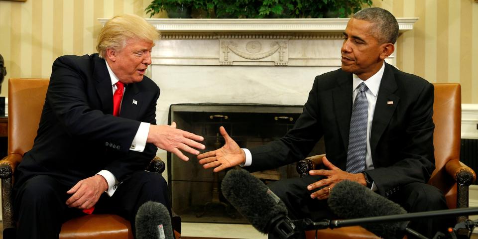 FILE PHOTO: U.S. President Barack Obama meets with President-elect Donald Trump in the Oval Office of the White House in Washington November 10, 2016. REUTERS/Kevin Lamarque