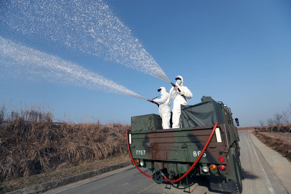 Navy soldiers disinfect in Changwon, South Korea