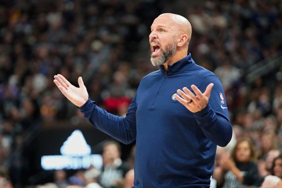 Dallas Mavericks head coach Jason Kidd shouts in the second half of Game 6 of an NBA basketball first-round playoff series against the Utah Jazz, Thursday, April 28, 2022, in Salt Lake City. (AP Photo/Rick Bowmer)