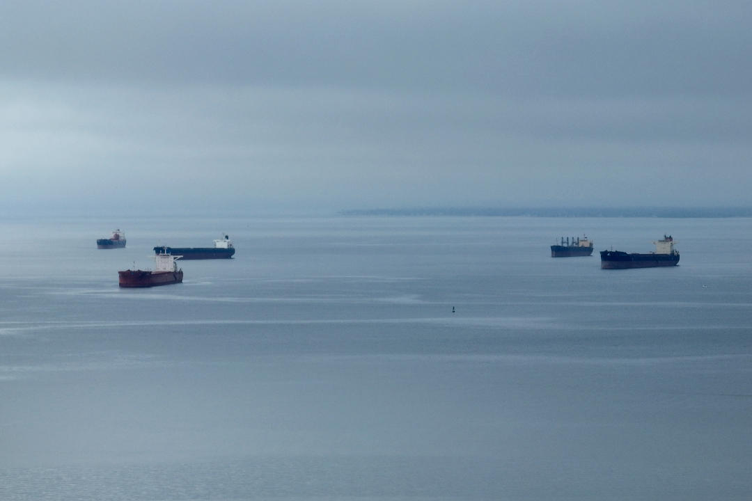 Five ships anchored in the Chesapeake Bay off Annapolis, Md. 