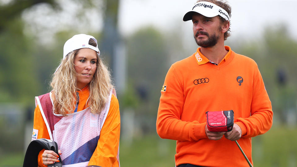 Joost Luiten and his girlfriend at The Centurion Club in 2017. (Photo by Kieran Galvin/NurPhoto via Getty Images)