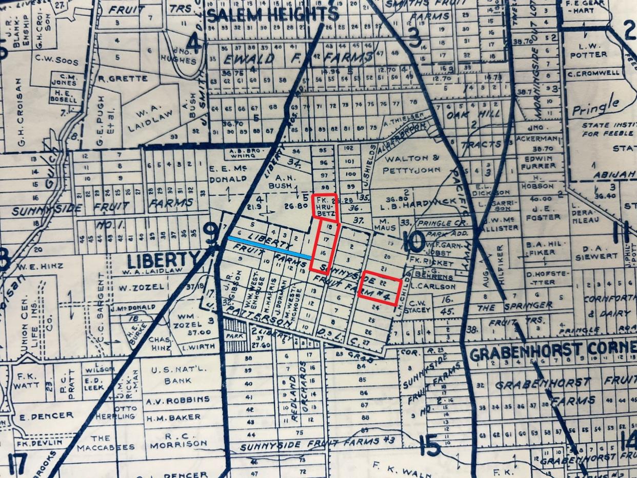 A 1941 map of the Liberty area south of Salem, including the outline of the former J.R. Patterson donation land claim between Sections 9 and 10 of Township 8S, Range 3W. Red designates where Frank and Mary Hrubetz had farmland, and blue marks a county road that would eventually cut through the neighborhood and bear their surname.