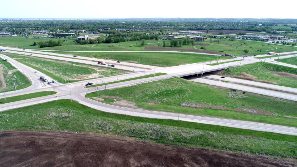 Interstate 41, is seen with U.S. Highway 151 running east and west, with Grande Cheese Company in the background ,looking in a northeast direction in Fond du Lac on Tuesday, May 24, 2022. 