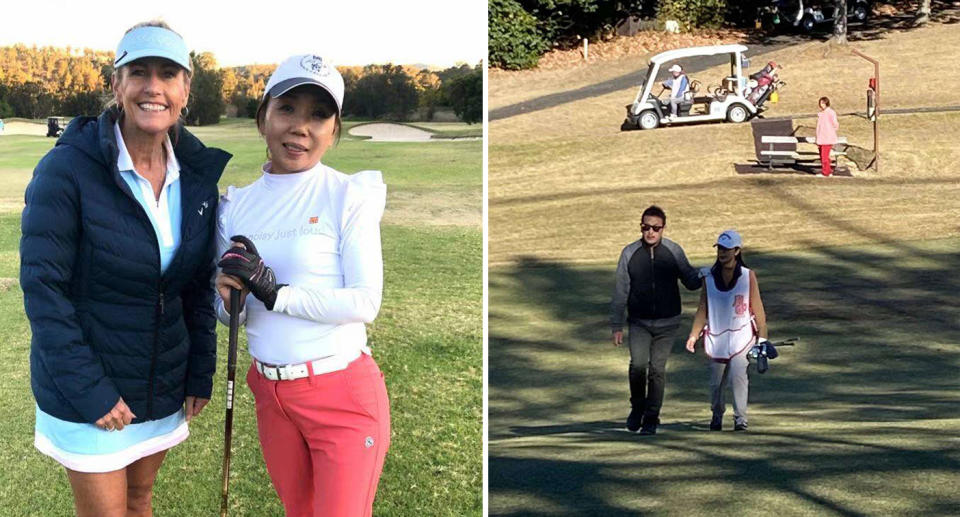 Iizuka working as a volunteer for blind people who play golf.