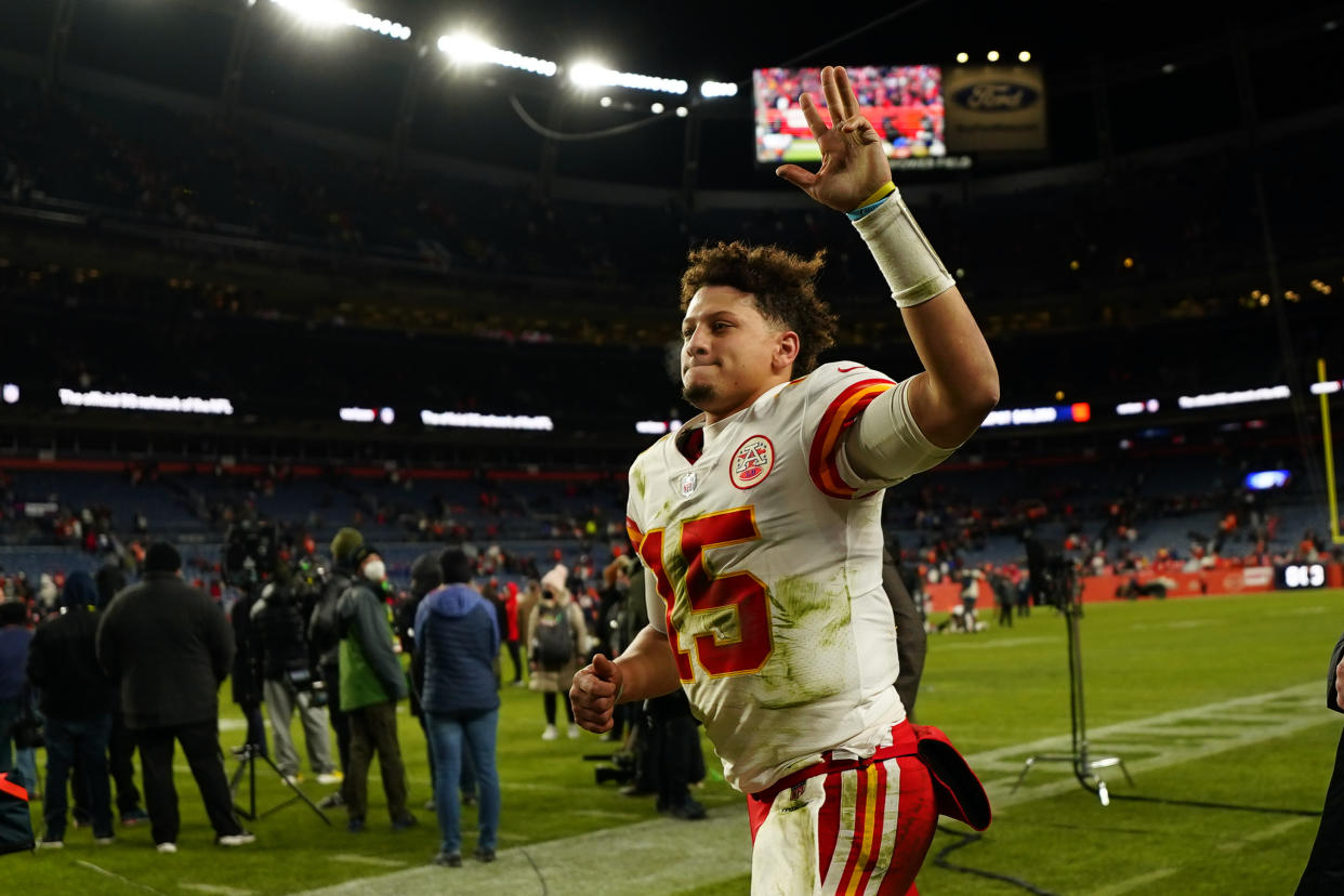 Kansas City Chiefs quarterback Patrick Mahomes (15) waves to fans after the team's win against the Denver Broncos during an NFL football game Saturday, Jan. 8, 2022, in Denver. (AP Photo/Jack Dempsey)