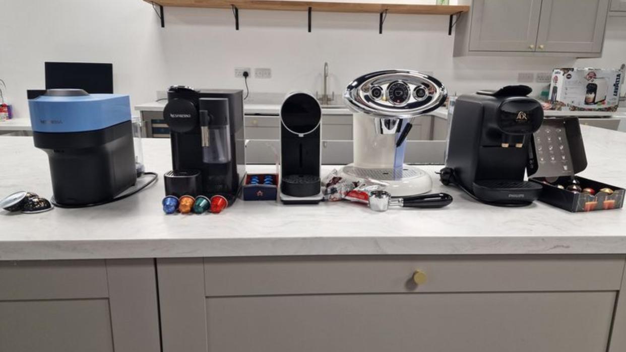  A selection of five coffee makers in Future Plc test kitchen. 