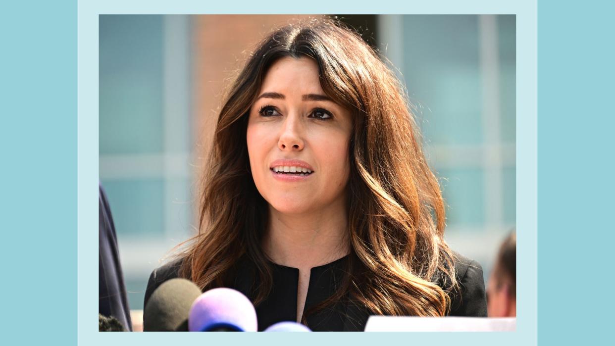  Johnny Depp lawyer Camille Vasquez makes a statement outside the Fairfax County Courthouse_on June 1, 2022 in Fairfax, Virginia. 