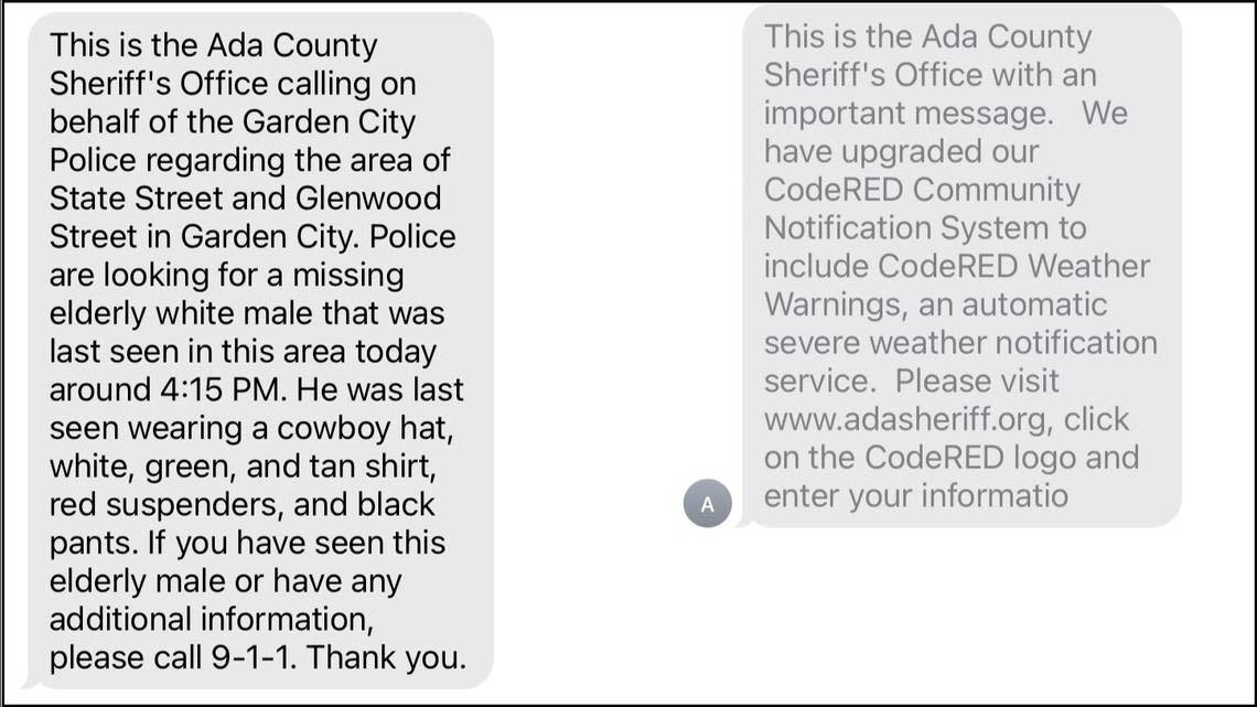 Examples of Ada County CodeRed text messages sent to an iPhone.