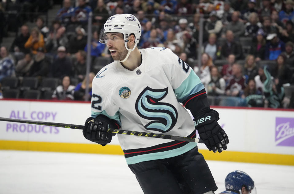 Seattle Kraken right wing Oliver Bjorkstrand reacts after scoring a goal in the second period of an NHL hockey game against the Colorado Avalanche on Thursday, Nov. 9, 2023, in Denver. (AP Photo/David Zalubowski)