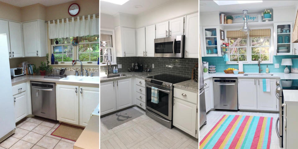 The evolution of Osborn's kitchen: After they first purchased the house in 2014, the original kitchen (left) needed some work. They then did a small remodel in 2015 with new counters and a gray subway tile backsplash (middle), and finally went for a bolder blue backsplash in 2020 (right). (Courtesy Ann Osborn)