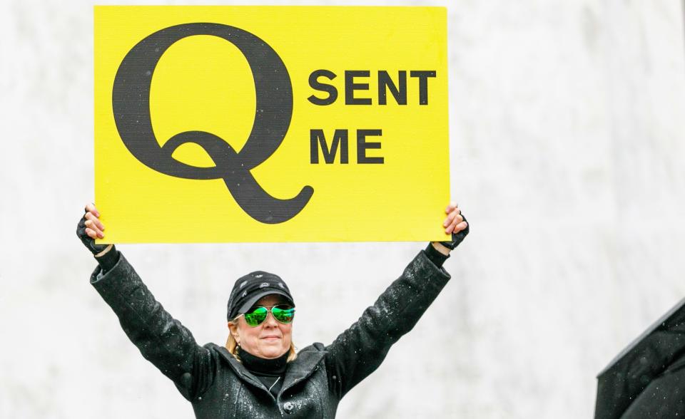 A Q-Anon supporter during a protest at the State Capitol in Salem, Oregon, United States on May 2, 2020. (Photo by John Rudoff/Anadolu Agency via Getty Images)