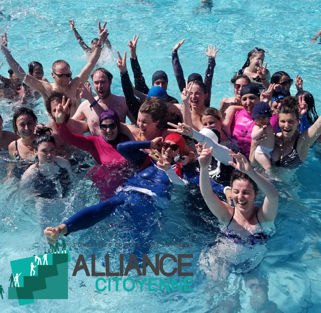 Seven Muslim women and thirty supporters protested a burkini ban at a local swimming pool in France. (Credit: Citizen Alliance/Twitter)