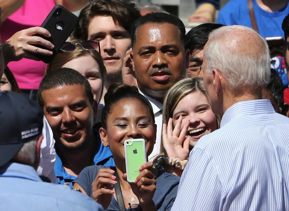 Presidential candidate Joe Biden greets supporters after holding a campaign rally on Ben Franklin Parkway in Philadelphia Saturday.