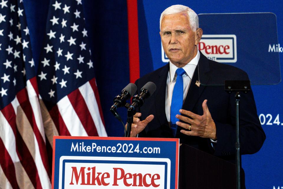 Former Vice President Mike Pence speaks during a campaign announcement rally at the FFA Enrichment Center on the DMACC campus on Wednesday, June 7, 2023, in Ankeny.