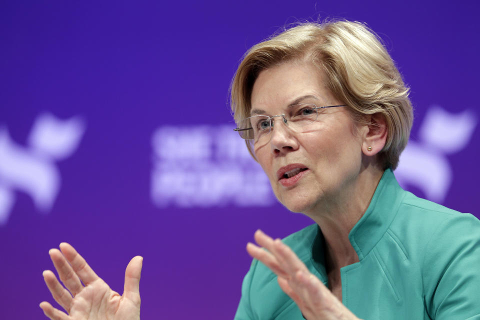 Democratic presidential candidate Sen. Elizabeth Warren, D-Mass., answers questions during a presidential forum held by She The People on the Texas State University campus Wednesday, April 24, 2019, in Houston. (AP Photo/Michael Wyke)