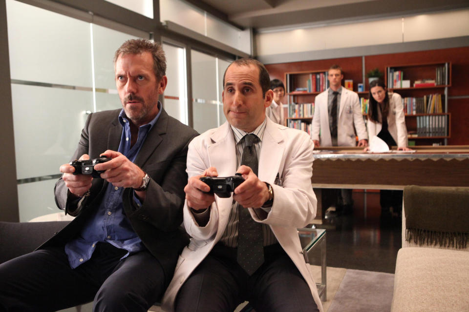 Hugh Laurie and Peter Jacobson, "Blowing the Whistle" (Season 8, ep. 815, aired April 2, 2012)