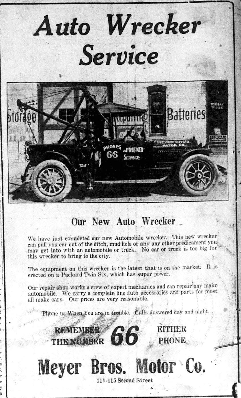 This advertisement that appeared in The Gleaner of Feb. 11, 1923, depicts what may have been Henderson's first automotive wrecker. Up until then mules were used to move disabled vehicles. The wrecker was built upon the chassis of a Packard Twin Six, which had America's first V-12 motor in a production vehicle.