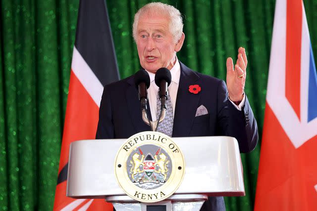 <p>CHRIS JACKSON/POOL/AFP via Getty </p> King Charles gives a speech in Kenya on Oct. 31, 2023