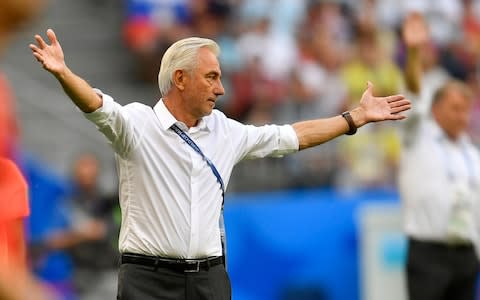 Australia head coach Bert van Marwijk spreads his arms during the group C match between Denmark and Australia at the 2018 soccer World Cup in the Samara Arena in Samara, Russia, Thursday, June 21, 2018 - Credit: AP