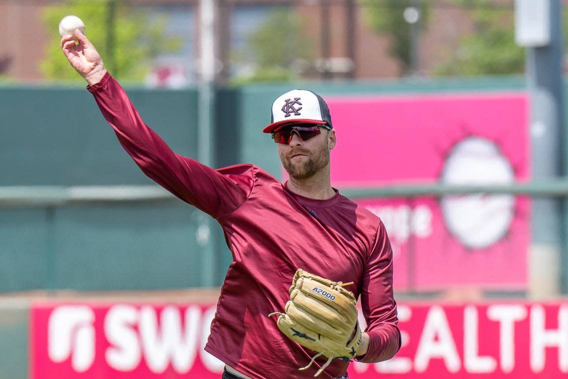 Kansas City Monarchs pitcher Ashton Goudeau warms up during practice at Legends Field on Wednesday, May 8, 2024, in Kansas City, Kansas.