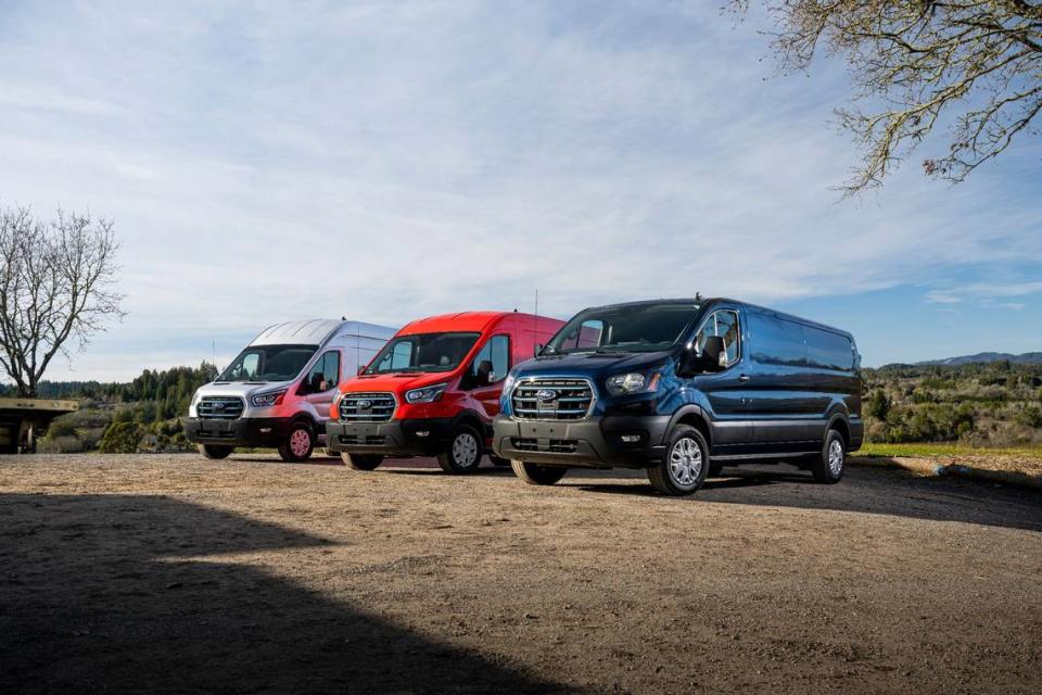 Three models of Ford’s new E-Transit van, an all-electric vehicle built in Kansas City, are shown here.