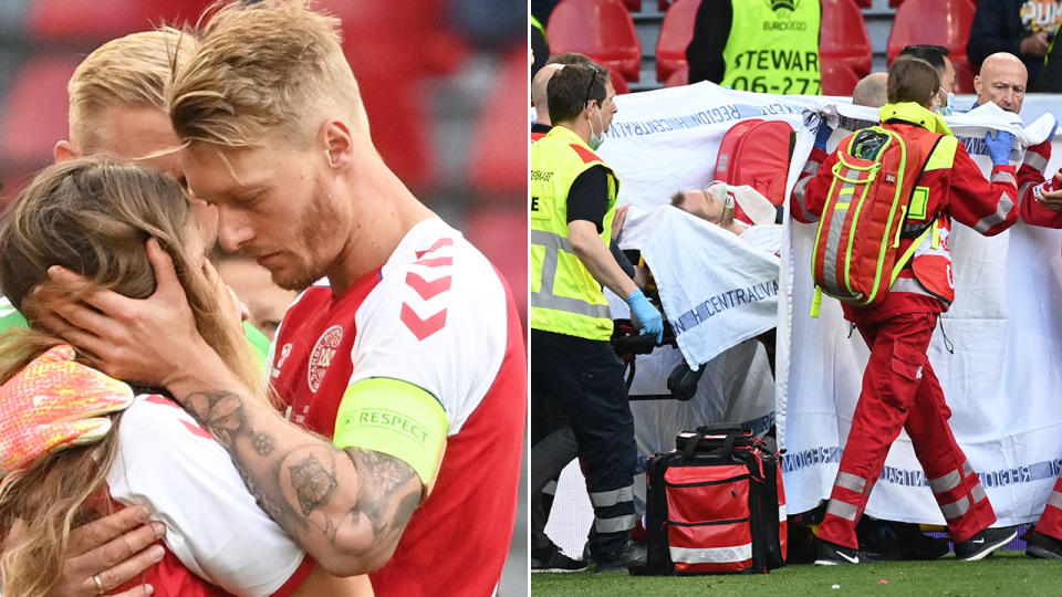 Denmark captain Simon Kjaer is pictured on the left, with Christian Eriksen in a stretcher on the right.