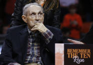 FILE - In this Jan. 20, 2018 file photo, former Oklahoma State basketball coach Eddie Sutton is pictured on the court in Stillwater, Okla. Sutton is part of a nine-person group announced Saturday, April 4, 2020, as this year’s class of enshrinees into the Naismith Memorial Basketball Hall of Fame. (AP Photo/Sue Ogrocki, File)