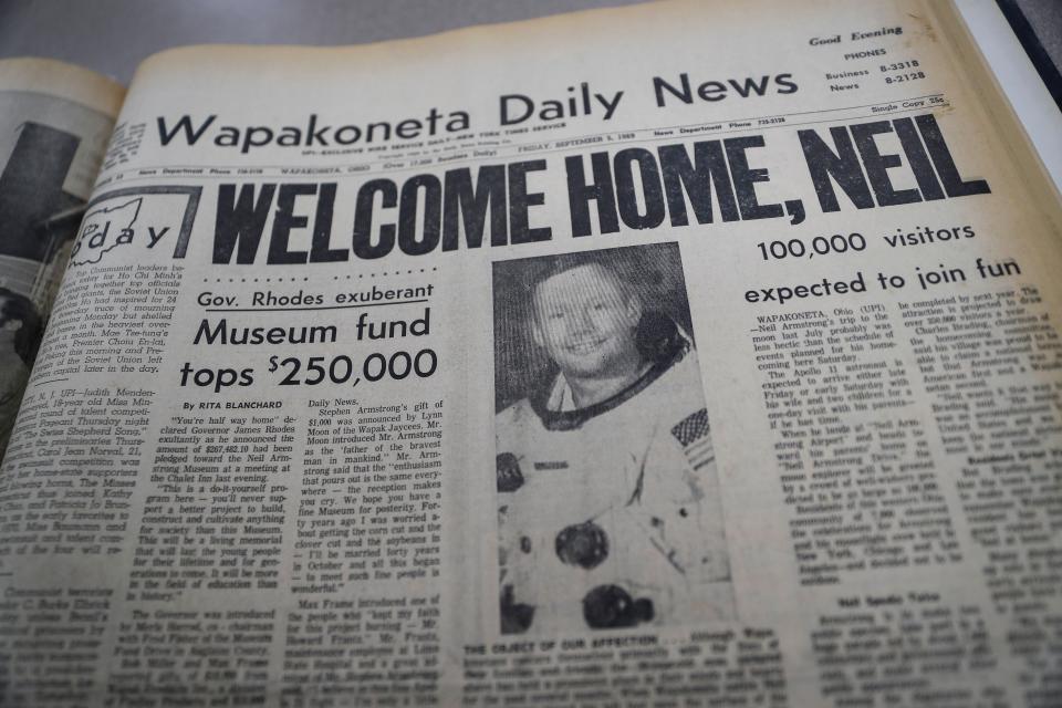 The front page of the Wapakoneta Daily News, dated Sept. 6, 1969, is photographed at the Auglaize County Public Library archives seen in 2019 in Wapakoneta, Ohio. Neil Armstrong put Wapakoneta  on the map in July 1969 when he became the first human to walk on the moon.