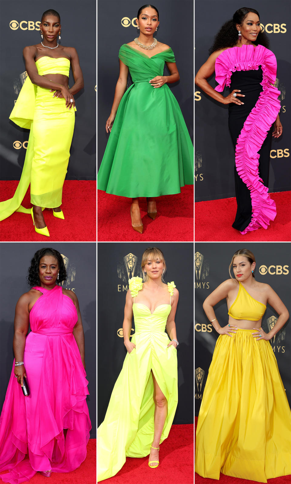 From left: Michaela Coel, Yara Shahidi, Angela Bassett, Uzo Aduba, Kaley Cuoco, Paulina Alexis (Getty Images)