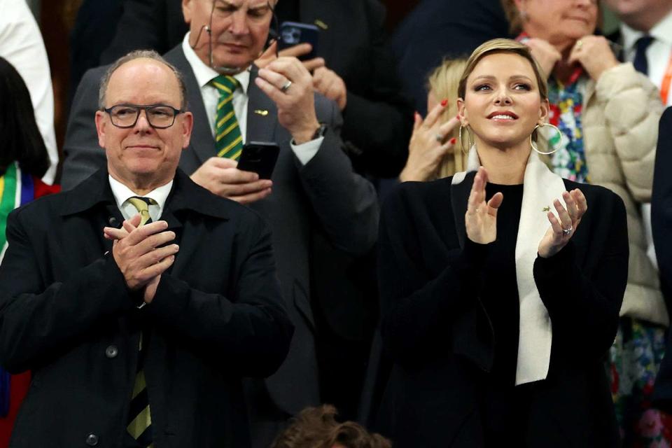 <p>Michael Steele - World Rugby/World Rugby via Getty</p> Prince Albert and Princess Charlene of Monaco attend the Rugby World Cup France 2023 match between England and South Africa.