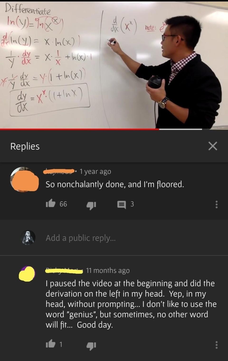 Teacher explaining calculus on a whiteboard; below are YouTube comments reacting to the video