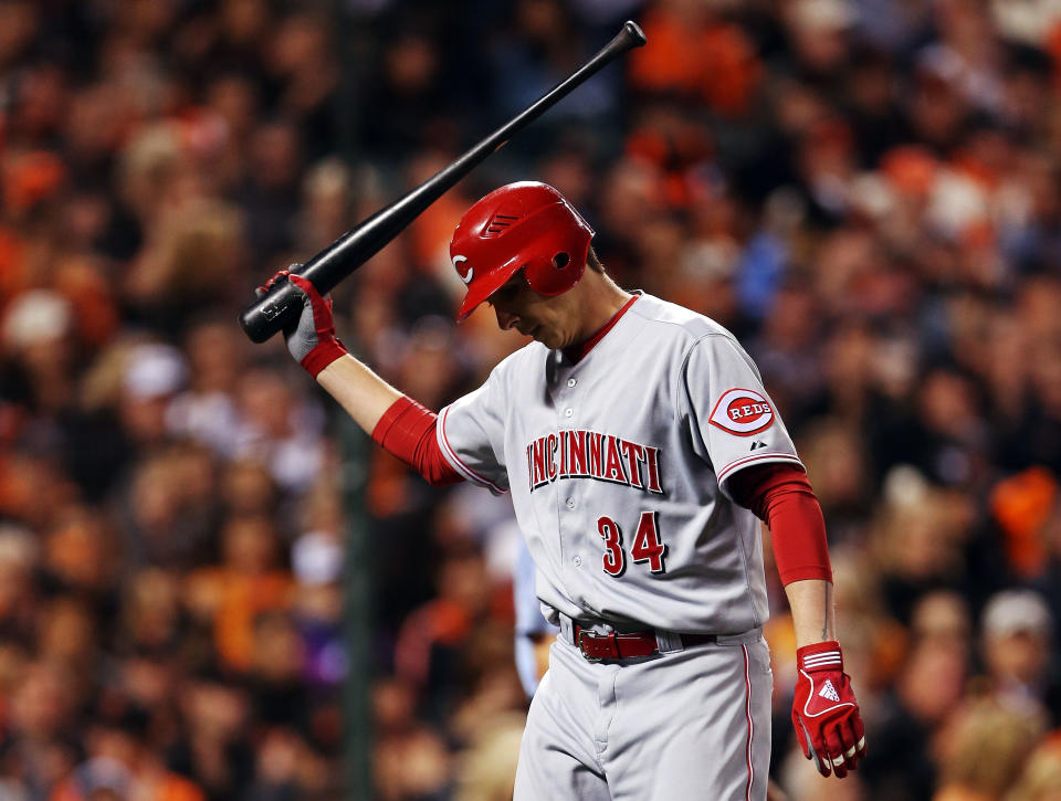 Homer Bailey #34 of the Cincinnati Reds reacts after striking out in the third inning against the San Francisco Giants during Game One of the National League Division Series at AT&T Park on October 6, 2012 in San Francisco, California. (Photo by Jeff Gross/Getty Images)